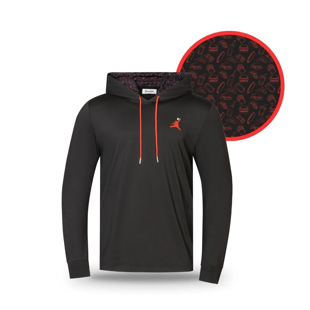 The Grunk Dolfer Red ChunkMan Hoodie features a black design with red drawstrings and a small red chest logo. An inset shows its breathable lining, patterned with red-outlined sports equipment on black.
