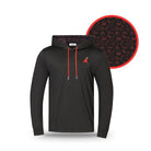 The Grunk Dolfer Red ChunkMan Hoodie features a black design with red drawstrings and a small red chest logo. An inset shows its breathable lining, patterned with red-outlined sports equipment on black.