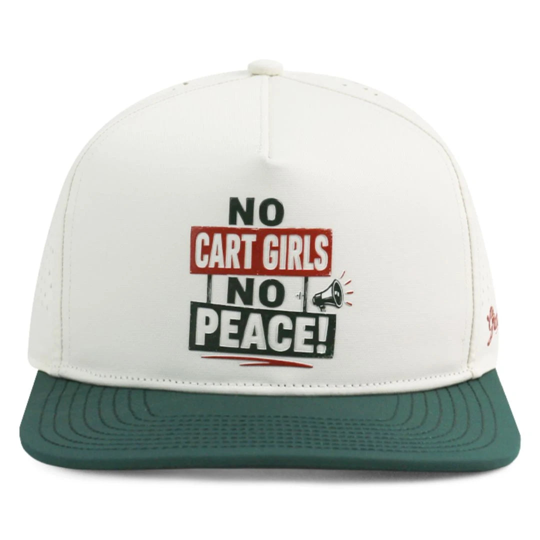 The Grunk Dolfer No Peace Hat is a white and green golf hat featuring NO CART GIRLS NO PEACE! on the front with a small megaphone graphic beside PEACE!.