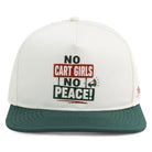 The Grunk Dolfer No Peace Hat is a white and green golf hat featuring NO CART GIRLS NO PEACE! on the front with a small megaphone graphic beside PEACE!.