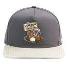 The Grunk Dolfer State of Mind Hat by Grunk Dolfer is gray and beige, featuring a cartoon beaver in sunglasses and a hat holding a GRUNK DOLFER IS A STATE OF MIND sign next to a golf ball.