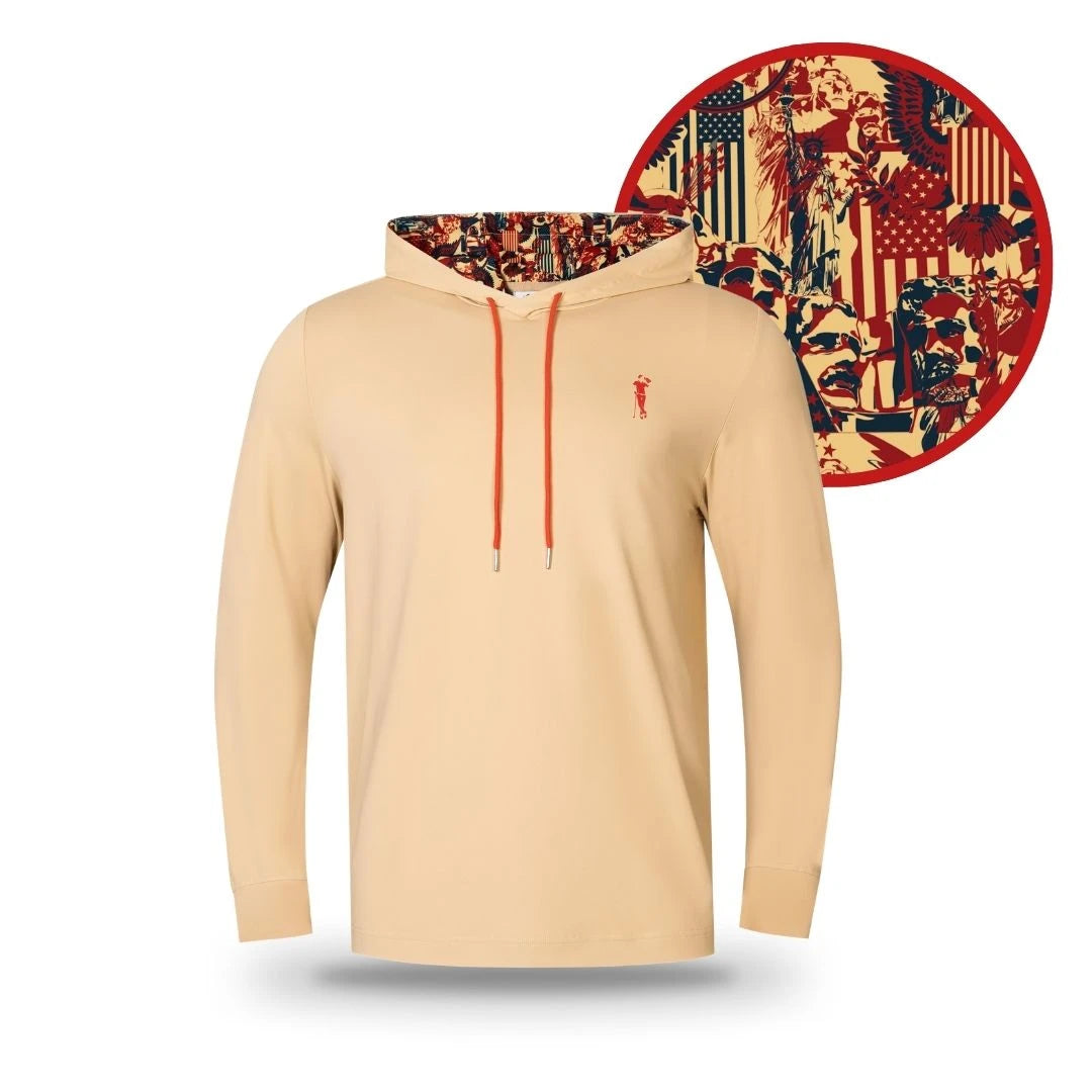 The Grunk Dolfer Grunk Fathers Hoodie features a beige color, red drawstrings, a small embroidered figure on the chest, and an Americana-themed hood lining—ideal for fans of patriotic-inspired hoodies.