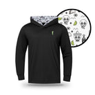 The Grunk Dolfer Drinko Hoodie is a black hoodie with a small green Statue of Liberty logo and a white hood lining patterned with black and green skulls, limes, bottles, and geometric shapes. Made from performance fabric.