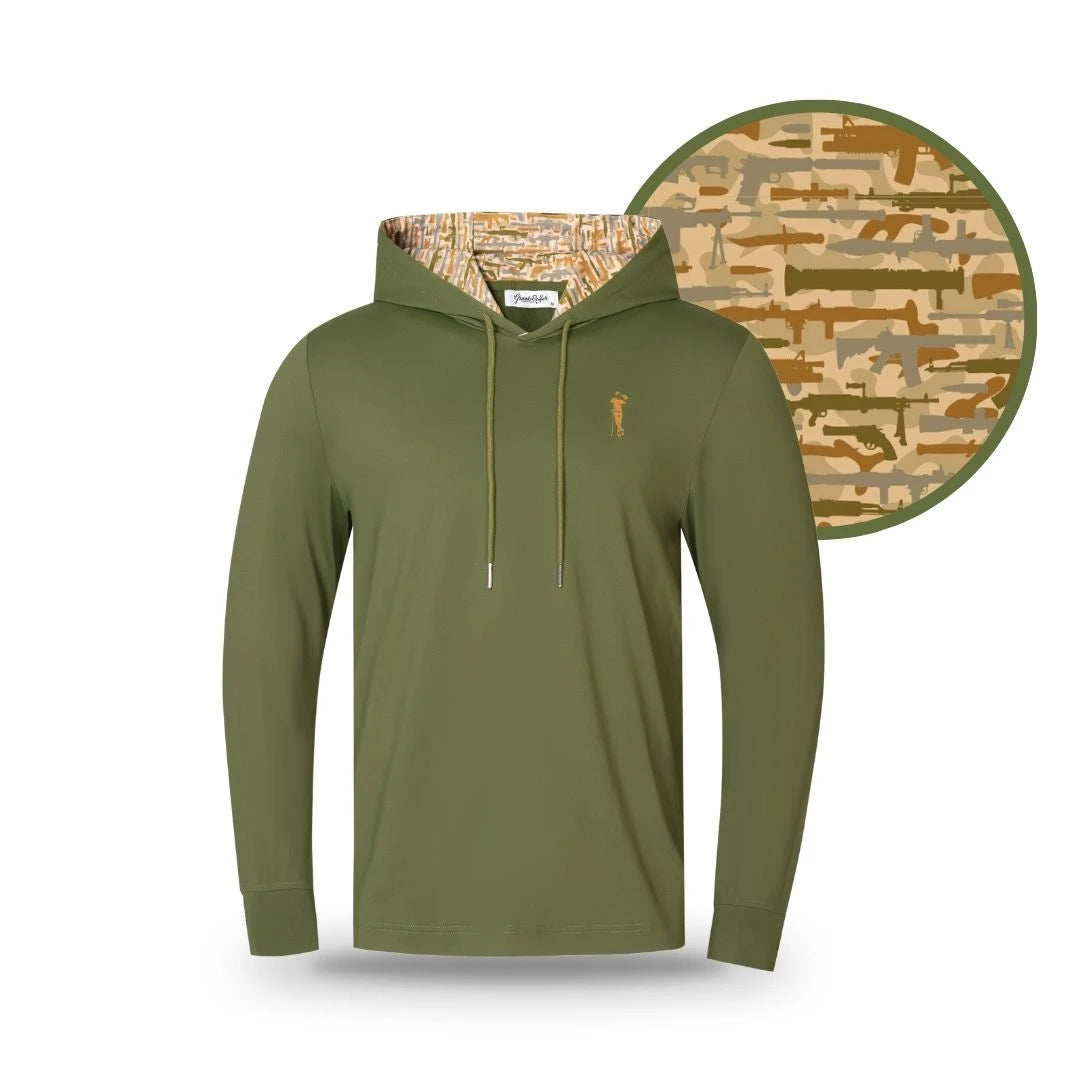 The Grunk Dolfer Desert Gamo Hoodie is an olive green, long-sleeve tactical hoodie with a small gold logo on the left chest and a hood lined in tan, brown, and green desert camo, shown in a close-up circle.