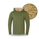 The Grunk Dolfer Desert Gamo Hoodie is an olive green, long-sleeve tactical hoodie with a small gold logo on the left chest and a hood lined in tan, brown, and green desert camo, shown in a close-up circle.