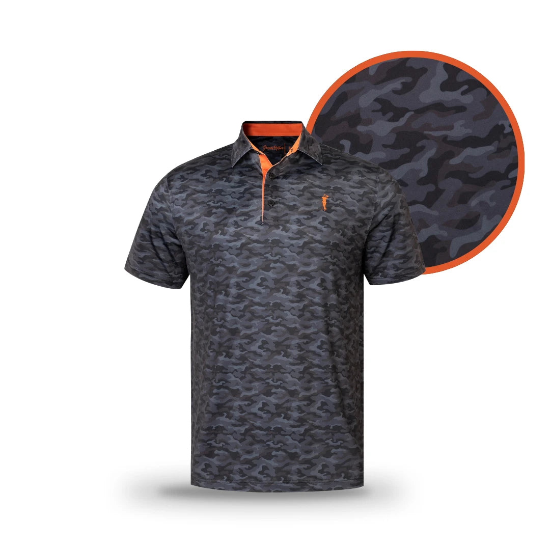 The Grunk Dolfer Member Camo polo features short sleeves, black and dark gray camo with an orange collar accent and small chest logo. A close-up shows the pattern—ideal golf wear for the Grunk Dolfer Drinking Club.