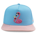 The Grunk Dolfer GrunkMingo Hat is a blue and pink performance golf hat featuring a cartoon flamingo with sunglasses and a drink with lime—your next favorite on the course.