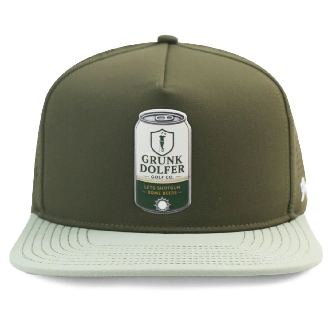 The Grunk Shotgun Hat by Grunk Dolfer features an olive green and light gray design with a beer can patch and LETS SHOTGUN SOME BEERS on the front.