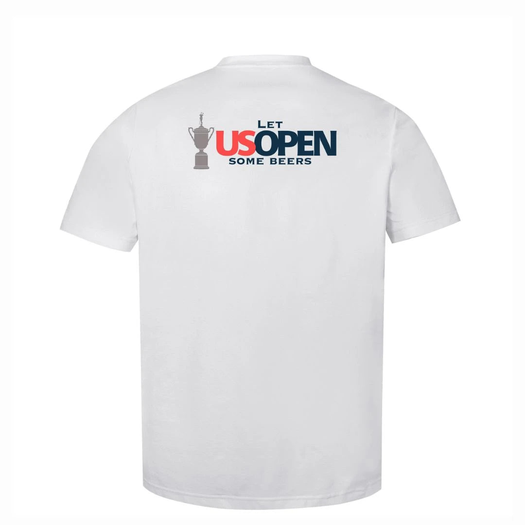 The Grunk Dolfer Open Beers Tee is a white performance golf shirt made from recycled polyester, featuring a trophy graphic and bold red and blue US OPEN lettering—designed for fun on and off the course.
