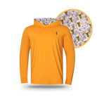 Introducing the Grunk Dolfer Bearly Sober Hoodie in bright orange, featuring a small embroidered logo on the chest. The lined hood showcases a vibrant, playful pattern of assorted fruit and drink illustrations—displayed up close in a circular inset—making it perfect for anyone looking to stand out with unique drinking club apparel.