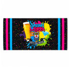 Splatter BAC Premium Cotton Towel: a rectangular black neon golf towel with a splatter design featuring a glass of beer, a breathalyzer reading .20, a cocktail, and the text GRUNK DOLFER and PUTT TO BLOW.