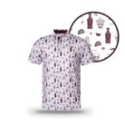 White short-sleeve golf polo by Grunk Dolfer with maroon Mexican-inspired icons—skulls, cacti, tacos, and bottles. A close-up shows the Burgundy Drinko’s playful details and performance fabric.