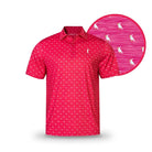 The Grunk Dolfer Dirty Birdie is a bright pink short-sleeve golf polo featuring small white birds and thin horizontal stripes. An inset circle highlights the Dirty Birdie pattern and stripe detail.
