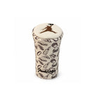 The Brown Chunkman Barrel Fairway Wood Cover by Grunk Dolfer is a cream-colored, cylindrical headcover made from premium faux leather, adorned with brown food illustrations and a brown leaping figure on top, with “Grunk Dolfer” scripted near the bottom—an eye-catching addition to any golf collection.