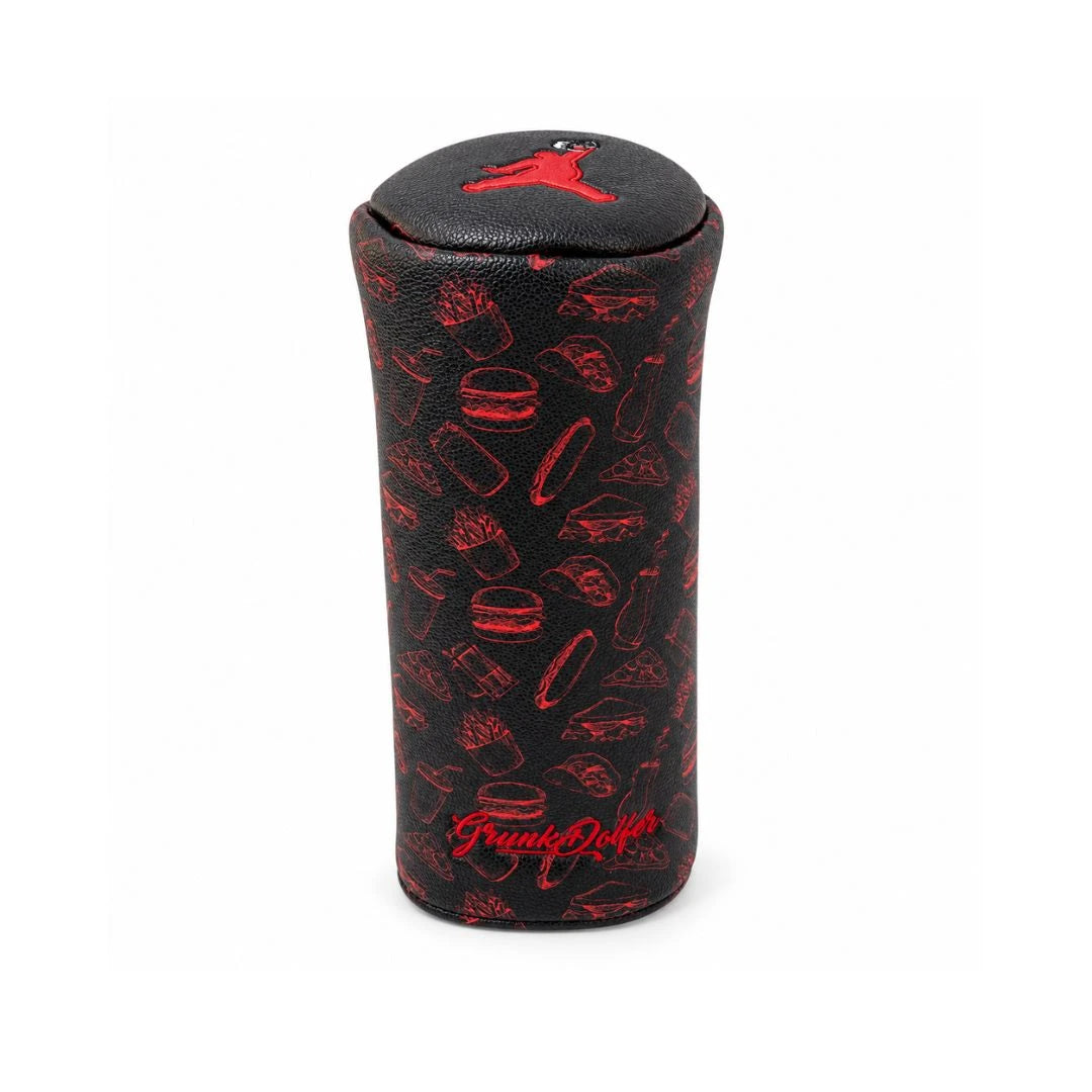 Upgrade your golf bag with the Red Chunkman Barrel Driver Cover by Grunk Dolfer. This premium black headcover features bold red outline illustrations of golf balls, tees, and gloves, with vibrant red script reading “Frank Duff” near the bottom. A striking red stitched logo on top completes the classic look while ensuring the high-quality protection you expect from a Grunk Dolfer headcover. Inspired by the iconic ChunkMan Driver Headcover design, this cover is perfect for golfers who want to showcase their