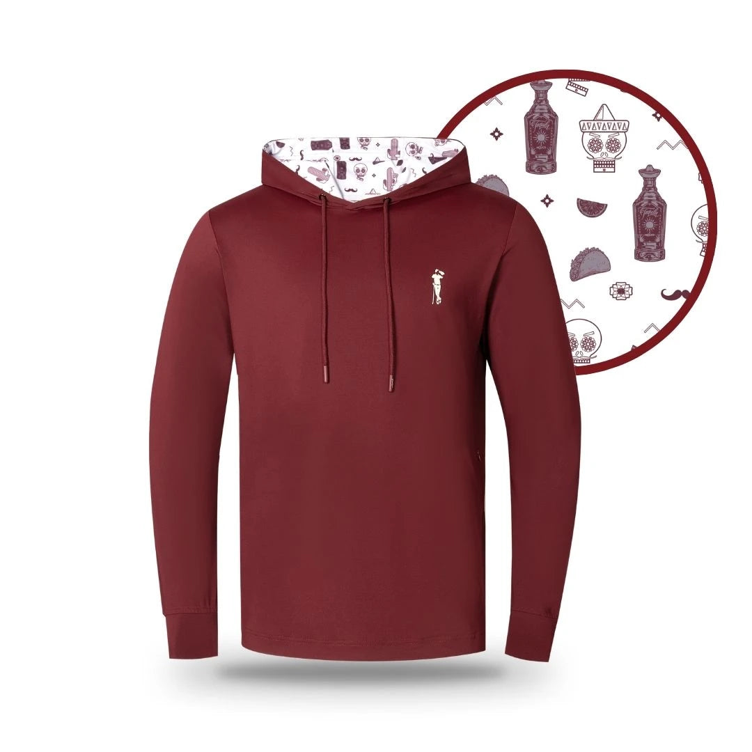 Grunk Dolfer Burgundy Drinko Hoodie with white drawstrings, a small chest logo, and custom hood lining featuring maroon bottle, taco, and food icons on a white background.