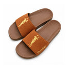 Brown Suede Slides by Grunk Dolfer in brown suede, featuring a gold golfer logo and script text on the strap, set upon a comfortable molded footbed.