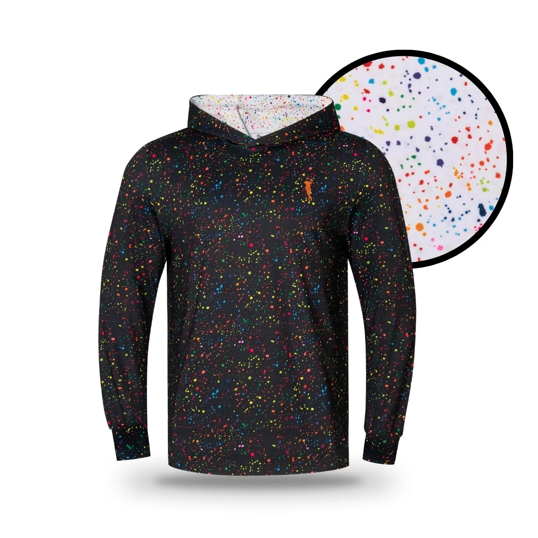 Grunk Dolfer Splatter Hoodie in black with a long-sleeve, multicolored paint splatter pattern, a contrasting white splatter-print hood interior, and a circular inset showing a close-up of the print.