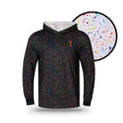 Grunk Dolfer Splatter Hoodie in black with a long-sleeve, multicolored paint splatter pattern, a contrasting white splatter-print hood interior, and a circular inset showing a close-up of the print.