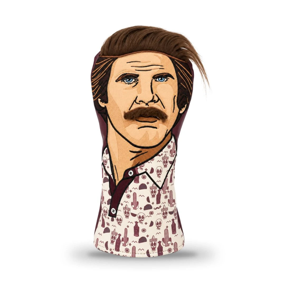 The Mr. Burgundy Driver Cover by Grunk Dolfer is a character headcover with brown hair, a mustache, a patterned shirt, cartoon embroidery, lifelike hair, and stylized features.