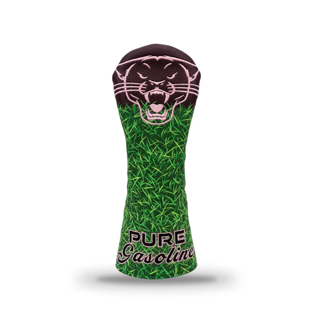 The Sex Panther Fairway Wood Cover by Grunk Dolfer features an embroidered panther face on top, green grass patterned body, and Pure Gasoline stitched at the base.