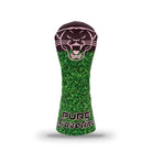 The Sex Panther Fairway Wood Cover by Grunk Dolfer features an embroidered panther face on top, green grass patterned body, and Pure Gasoline stitched at the base.