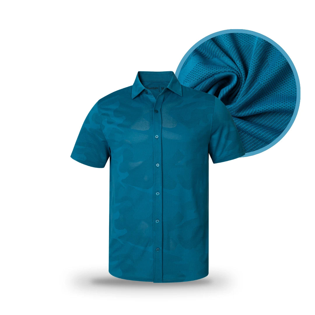 Grunk Dolfer’s Deep Blue Button Down is a short-sleeve shirt featuring a front-facing view with a subtle jacquard camo pattern. An inset circle highlights the breathable, textured weave of the fabric.