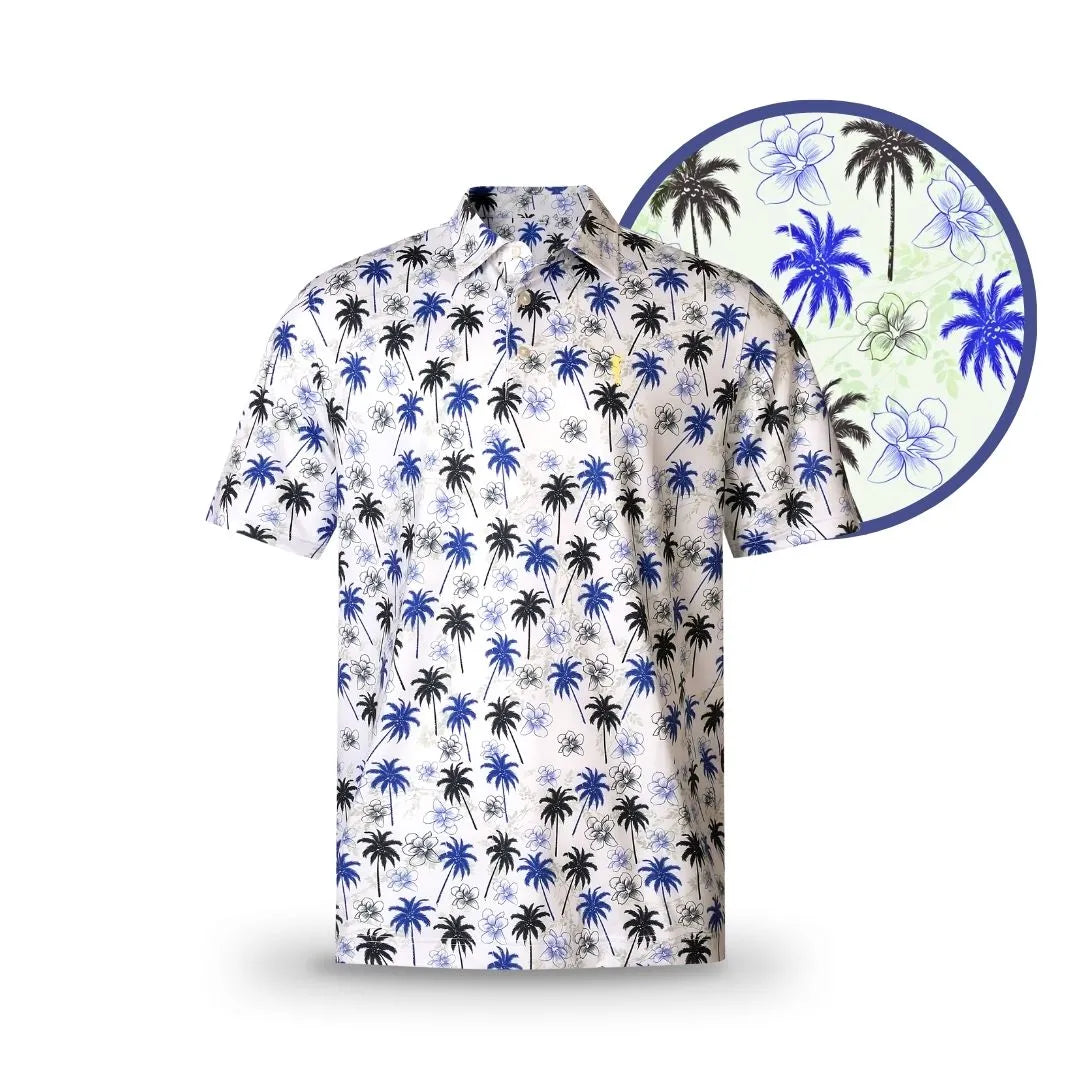 The Grunk Dolfer Fairway Palms polo features short sleeves, a white base, black and blue palm trees, and blue outlined flowers. A close-up circle highlights this unique golf shirt’s vibrant design.
