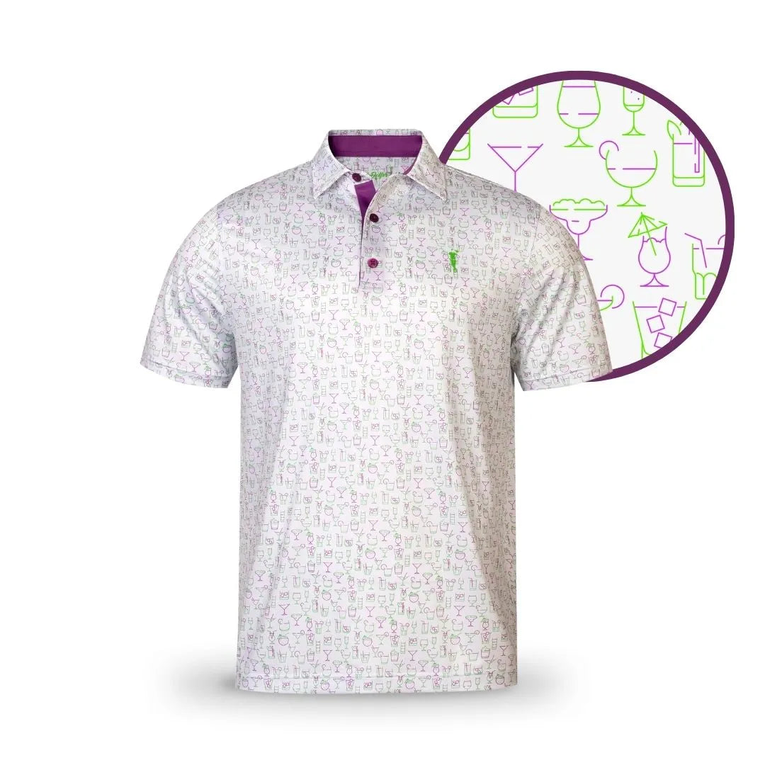 The Grunk Dolfer Happy Hour Polo is a white, short-sleeve shirt with light pink and green cocktail glass prints, purple buttons, and collar trim. A circular close-up highlights the playful drink pattern—ideal for golf outings or drinks.