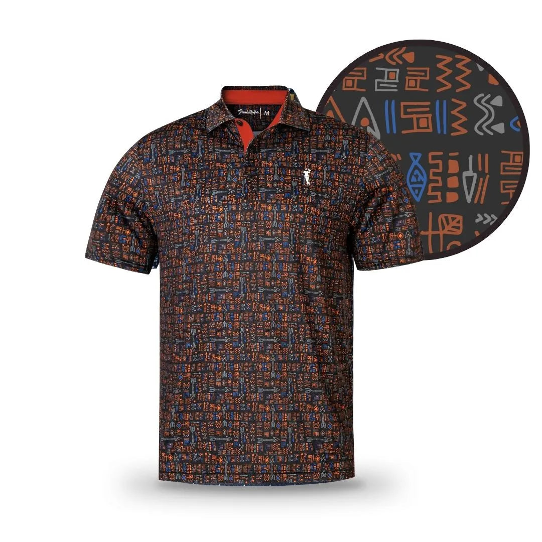 The "Cave Paint" polo by Grunk Dolfer features short sleeves, a black base, and an all-over geometric pattern inspired by Ancient Grunks, with blue, orange, and brown abstract shapes reminiscent of cave art.