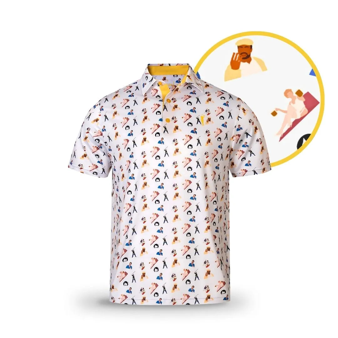 The Gilmore by Grunk Dolfer is a white short-sleeve polo golf shirt with a vibrant cartoon golfer pattern. An inset highlights a detailed illustration of a hat-wearing golfer mid-swing.