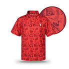 The Grunk Dolfer Kids Red Hawaiian features short sleeves, black tropical prints of palm trees, burgers, and a surfer, plus a white chest logo—a vibrant kids polo, perfect for tropical vibes or father-child matching shirts.