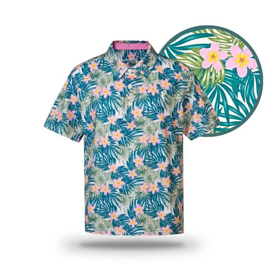 The Grunk Dolfer Kids Island Boy is a short-sleeved button-up with a tropical floral print of green palms and pink-yellow flowers. A close-up highlights the coastal life design, perfect for any beach-ready adventure.