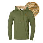The Grunk Dolfer Desert Gamo Hoodie is an olive green heavyweight hoodie with a drawstring hood. The hood’s lining and small chest logo display a tan and brown camouflage, as shown in a close-up next to the army green hoodie.
