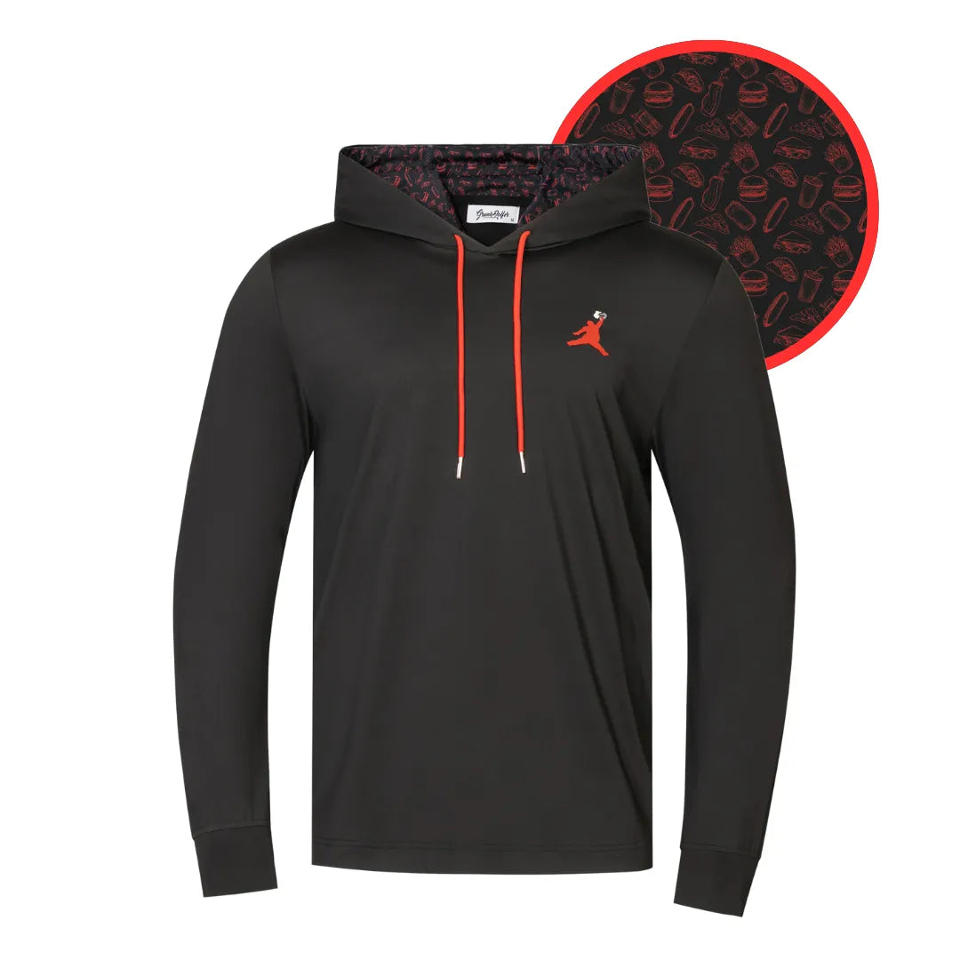 The Grunk Dolfer Black ChunkMan Hoodie features a black hooded long-sleeve design with red drawstrings, a small red chest logo, and a patterned inner hood lining with red football-themed graphics—ideal for relaxed comfort.