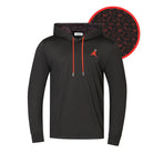 The Grunk Dolfer Black ChunkMan Hoodie features a black hooded long-sleeve design with red drawstrings, a small red chest logo, and a patterned inner hood lining with red football-themed graphics—ideal for relaxed comfort.