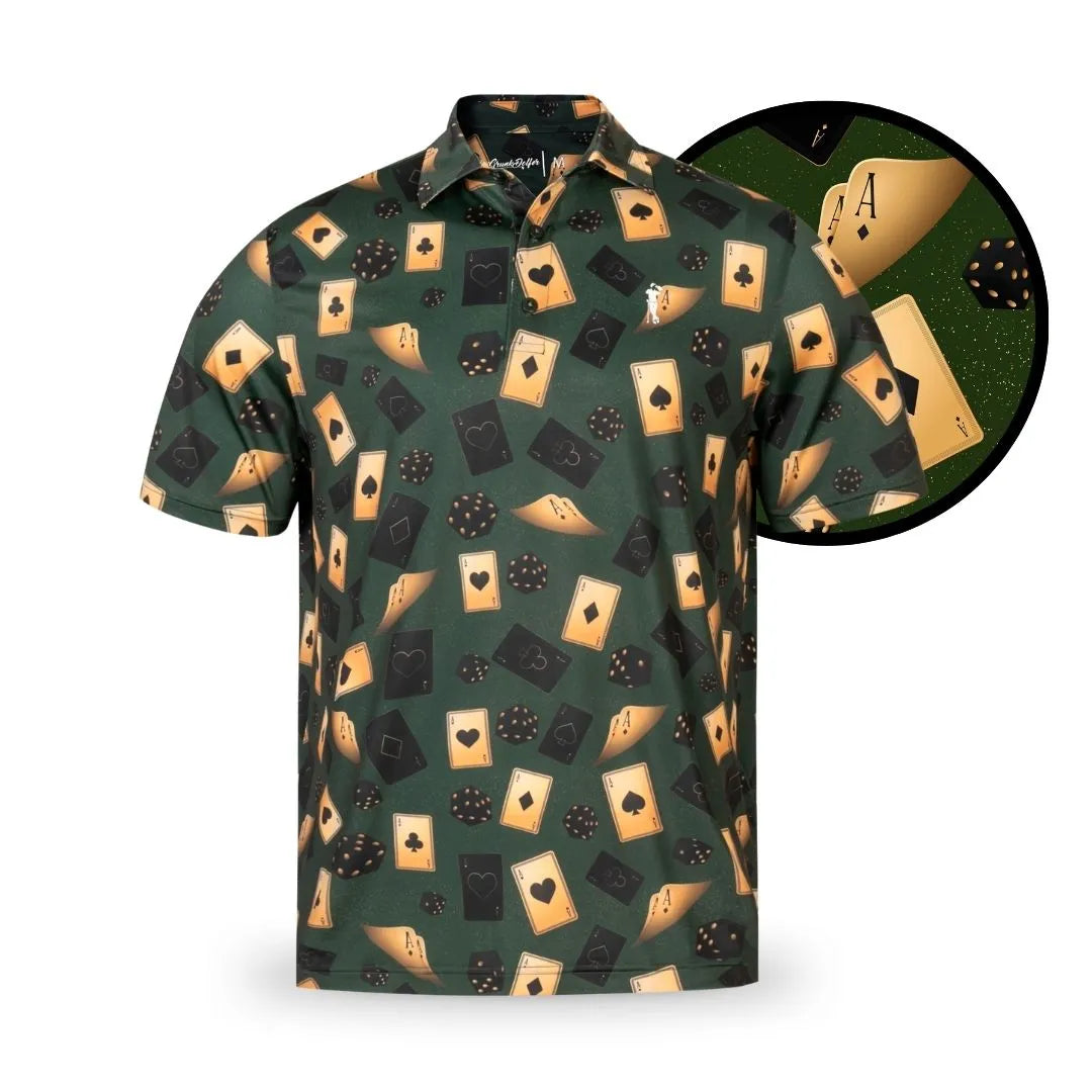The Grunk Dolfer "Vegas Nights" polo in green features a playful pattern of yellow playing cards and black poker chips. An inset highlights an ace of spades and design details from this vibrant shirt.