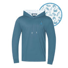 The Blue ChunkMan Hoodie by Grunk Dolfer features white drawstrings, a small silhouette logo on the chest, and blue fast food illustrations lining the hood—burgers, fries, and soda—making it perfect for dad bods.