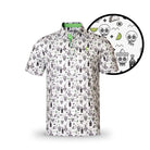 The Drinko by Grunk Dolfer is a short-sleeve white polo with a black and green print of skulls, cacti, bottles, mountains, and limes—a fun pattern perfect for your next golf party shirt.
