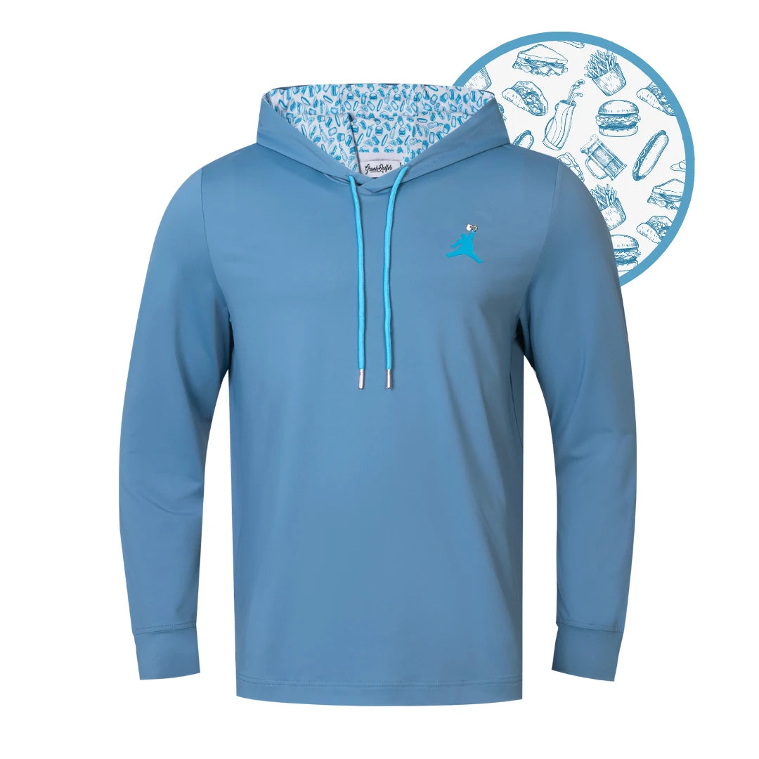 The Blue ChunkMan Hoodie by Grunk Dolfer features long sleeves, front drawstrings, an embroidered chest logo, and a fun hood lining with blue burger, ice cream, and fries graphics.