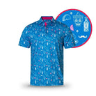 The Blue Drinko by Grunk Dolfer is a blue short-sleeve golf shirt with white Mexican-themed icons, pink accents, and a contrasting pink inner collar—perfect for parties or drinking sport events!.