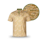 The Grunk Dolfer Desert Gamo is a short-sleeve tactical polo with beige, brown, and green camo on stretch performance fabric. A circular close-up shows the detailed abstract camouflage pattern.