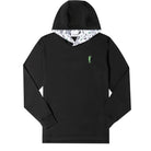 The Grunk Dolfer Drinko Hoodie is a black, lightweight hoodie with long sleeves, a small green embroidered figure on the left chest, and a hood lined in white with a black and green pattern. No visible pockets.