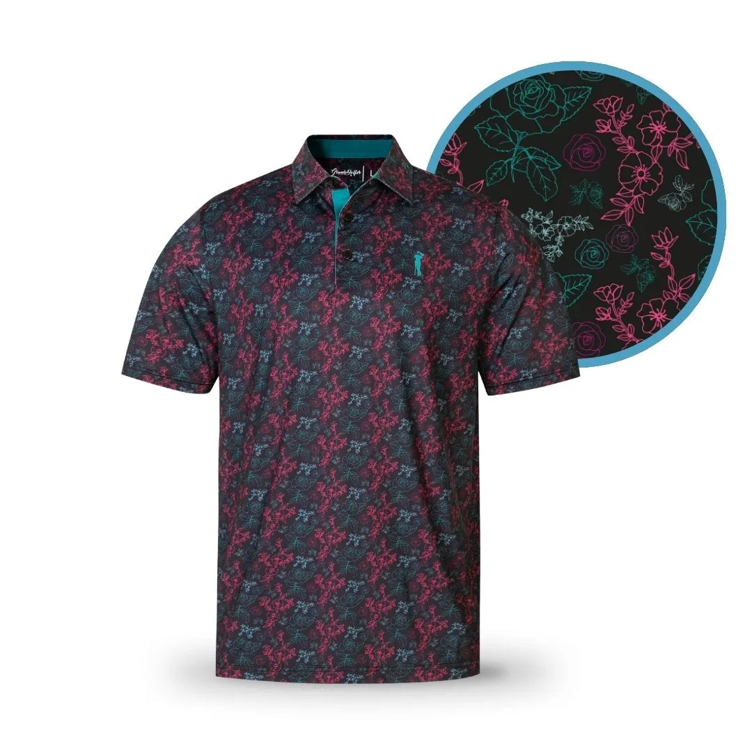 The Neon Rose polo by Grunk Dolfer features short sleeves, a button-up front, and a dark base with an all-over pink and teal floral pattern. A circular close-up highlights its quirky design—perfect for elevating your wardrobe.