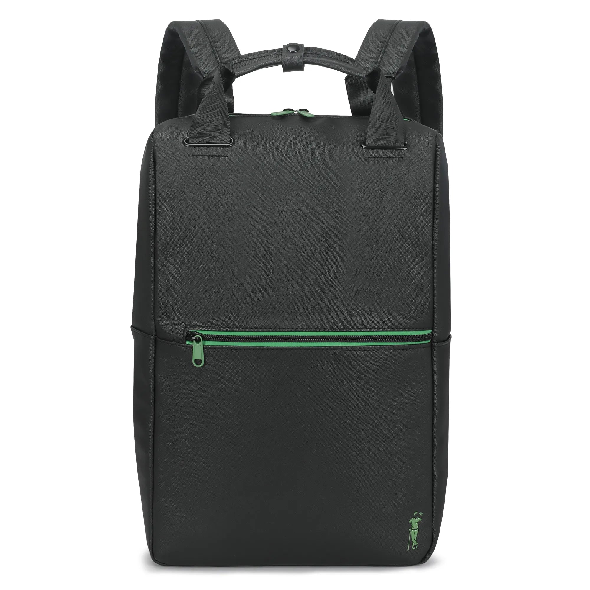 The Grunk Dolfer Blackout Cooler Backpack features a black design with a green front pocket zipper, padded shoulder straps, a small green logo bottom right, and our custom minimalist Drinko pattern inspired by premium cooler bags.