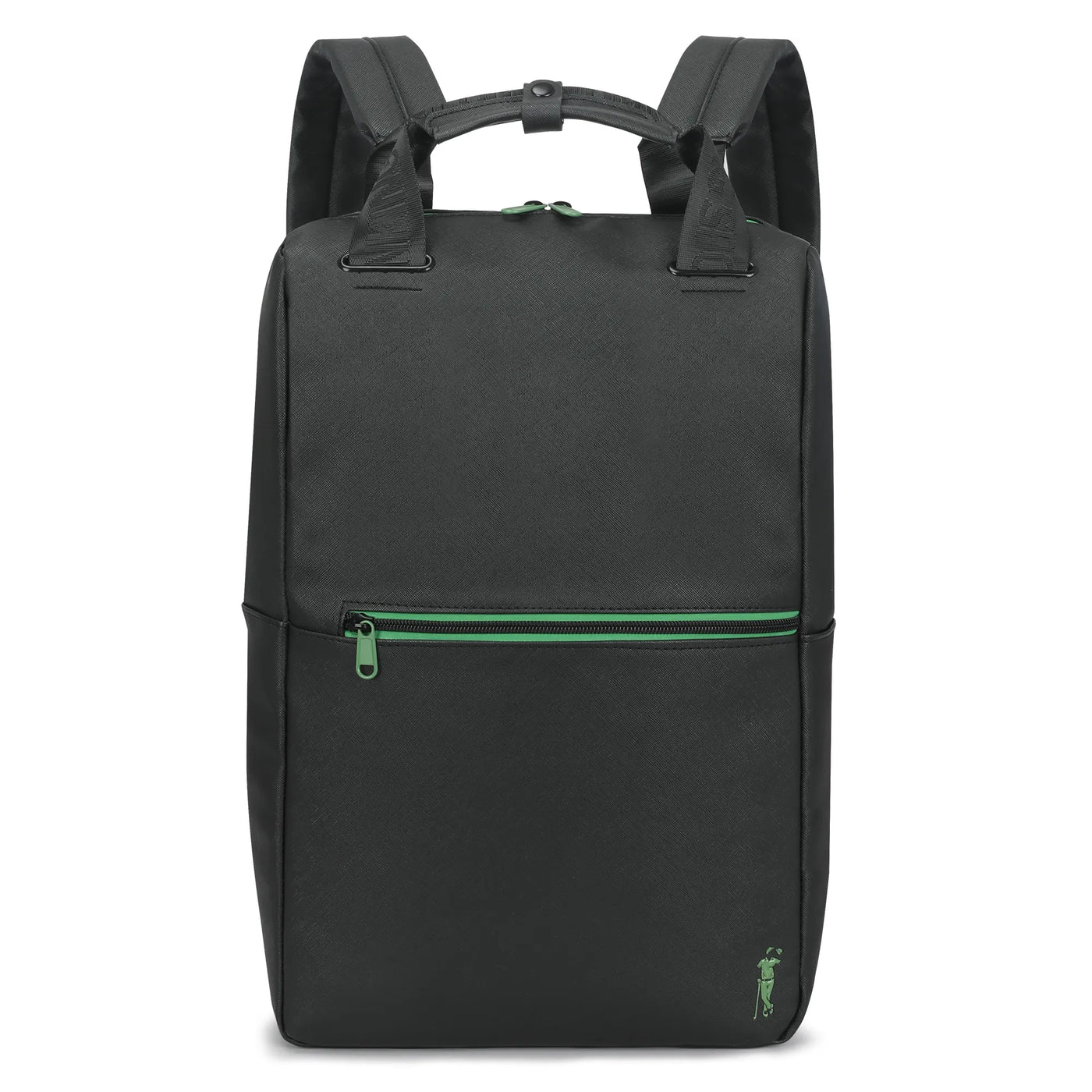 The Grunk Dolfer Blackout Cooler Backpack features a black design with a green front pocket zipper, padded shoulder straps, a small green logo bottom right, and our custom minimalist Drinko pattern inspired by premium cooler bags.