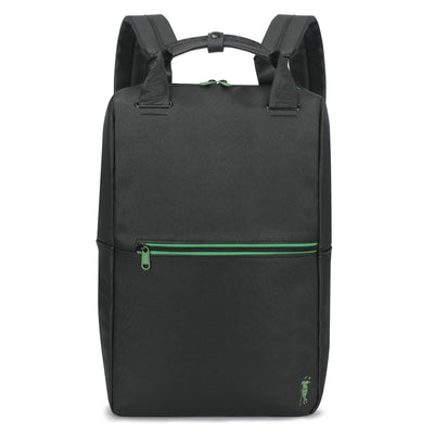 The Grunk Dolfer Blackout Cooler Backpack features a black design with a green front pocket zipper, padded shoulder straps, a small green logo bottom right, and our custom minimalist Drinko pattern inspired by premium cooler bags.