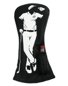 The Grunk Dolfer Grunk Driver Cover features premium black leather, a white golfer silhouette, and a small pocket with two red and black tees—stylishly protecting your driver.