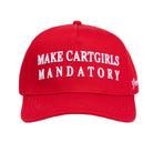 The Make Cart Girls Mandatory golf hat by Grunk Dolfer features bold red fabric, white embroidered front text, and a small white Grunk Dolfer signature stitched on the side.