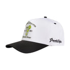 The Happy Hour Hat by Grunk Dolfer is a high quality white and black golf cap featuring a cartoon frog graphic and Grunk Dolfer on the front, plus black script “Grunk Dolfer” embroidery on the side for a fun look.